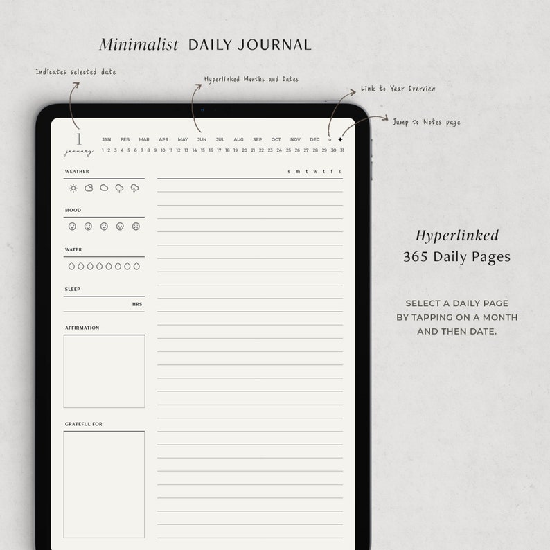 May include: A digital planner app interface with a minimalist design. The app features a calendar view with hyperlinked months and dates, a daily journal page with sections for weather, mood, water intake, sleep, affirmations, and gratitude, and a link to a year overview and notes page. The app is designed to help users track their daily activities and progress.