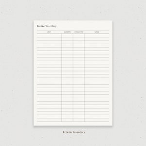 May include: A printable freezer inventory list with columns for items, quantity, expiry date, and notes.