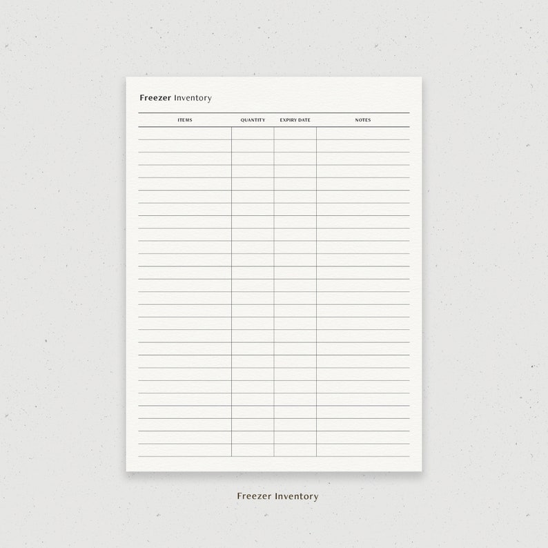 May include: A printable freezer inventory list with columns for items, quantity, expiry date, and notes.