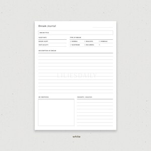 May include: A black and white printable dream journal page with sections for dream title, sleep info, type of dream, description of dream, my emotions, and insights/analysis.