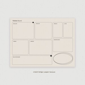May include: A printable vision board template with a cream beige background and black outlines. The template is divided into nine sections with headings for wealth, health, travel, love, knowledge, family, career, and relationship. The bottom section has a large oval shape.