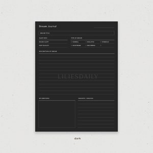 May include: Black and white printable dream journal page with sections for dream title, sleep info, description of dream, my emotions, and insights/analysis. The page also includes a section for type of dream with checkboxes for normal, realistic, symbolic, nightmare, and recurring.