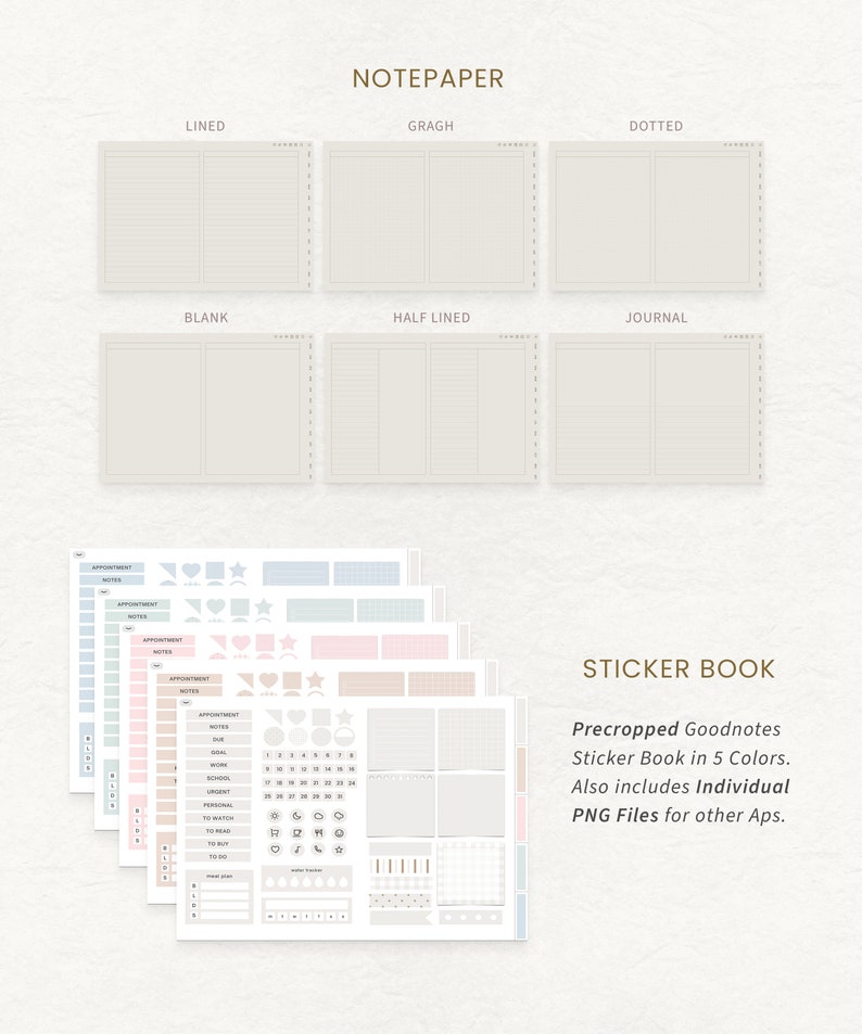 May include: A set of five Goodnotes sticker books in different pastel colors. Each book includes a variety of stickers for planning, scheduling, and journaling. The stickers feature different shapes, icons, and patterns.