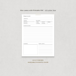 May include: Printable dream journal template in US Letter size (8.5 x 11 inches). The journal includes sections for dream title, sleep info, type of dream, description of dream, my emotions, and insights/analysis.