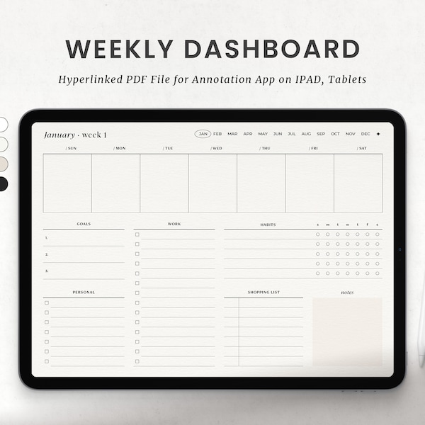 Digital Weekly Dashboard, Goodnotes Weekly Planner Landscape, College Student Planner for Ipad, Notability