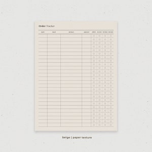 May include: A beige printable order tracker with columns for date, shop, details, amount, shipped, received, returned, and refunded. Each column has a row of checkboxes for marking off each order status.