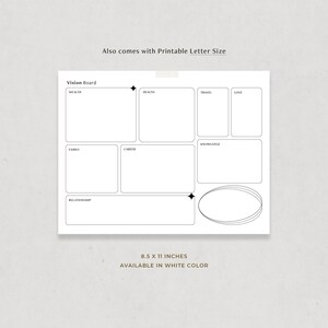 May include: Printable vision board template with categories for wealth, health, travel, love, knowledge, family, career, and relationship. The template is 8.5 x 11 inches and available in white.