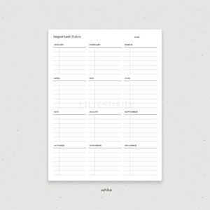 May include: A printable planner page with a calendar layout for tracking important dates. The page is divided into 12 sections, one for each month of the year. Each month section has space for writing down important dates and events. The page is designed to be printed and used as a planner.