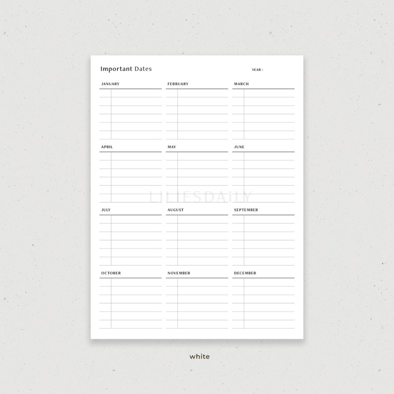 May include: A printable planner page with a calendar layout for tracking important dates. The page is divided into 12 sections, one for each month of the year. Each month section has space for writing down important dates and events. The page is designed to be printed and used as a planner.
