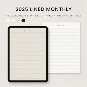 2025 Lined Monthly Planner, One Line a Day, Monthly Journal Digital Goodnotes Template, Printable PDF