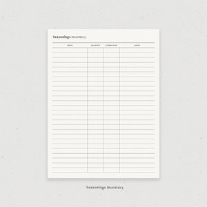 May include: A printable seasoning inventory list with columns for items, quantity, expiry date, and notes.