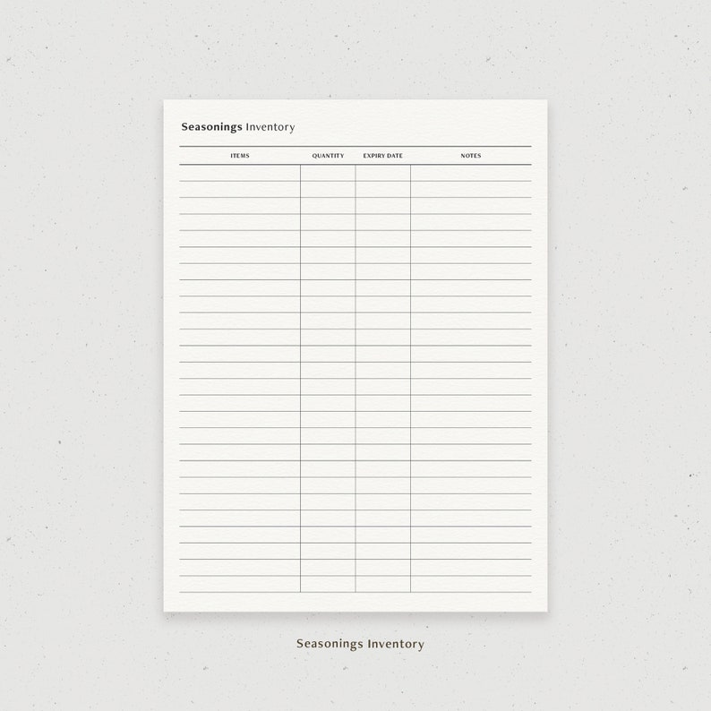May include: A printable seasoning inventory list with columns for items, quantity, expiry date, and notes.