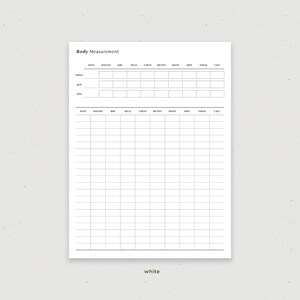 May include: A printable body measurement tracker with columns for date, weight, BMI, neck, chest, biceps, waist, hips, thigh, and calf. The tracker has space for before, goal, and after measurements.