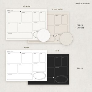 May include: Vision board template with a grid layout and categories for wealth, health, family, career, knowledge, travel, love, and relationships. The template is available in four color options: off white, cream beige, white, and dark. The off white and cream beige options have a paper texture, while the white and dark options are plain.