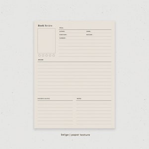 May include: Beige book review template with lined sections for title, author, genre, start date, end date, summary, review, favorite quotes, and notes.