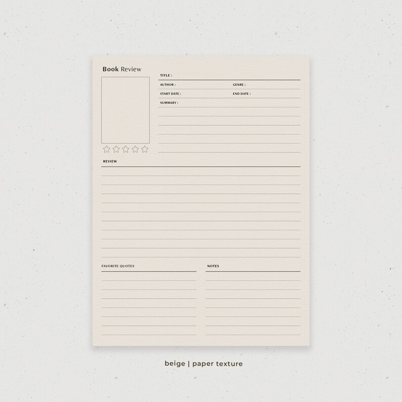 May include: Beige book review template with lined sections for title, author, genre, start date, end date, summary, review, favorite quotes, and notes.