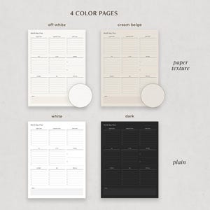 May include: Four printable work day planner pages in different colours: off-white, cream beige, white, and black. Each page has a simple design with a header that says "Work Day Plan" and columns for time, tasks, notes, and other details.