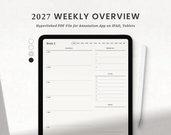 Könnte beinhalten: Ein digitales Tablet mit einem 2027 Wochenplaner als verlinkte PDF-Datei. Der Bildschirm zeigt einen Zeitplan, Prioritäten, eine Aufgabenliste und einen Notizbereich. Ein weißer Eingabestift liegt neben dem Tablet und vier kreisförmige Farbmuster sind zu sehen.