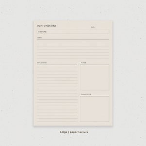 May include: Beige printable daily devotional journal page with sections for scripture, verse, reflections, prayer, and thankful for.