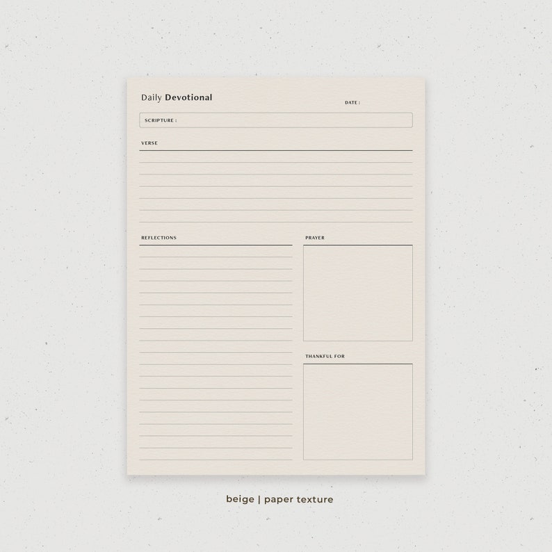 May include: Beige printable daily devotional journal page with sections for scripture, verse, reflections, prayer, and thankful for.