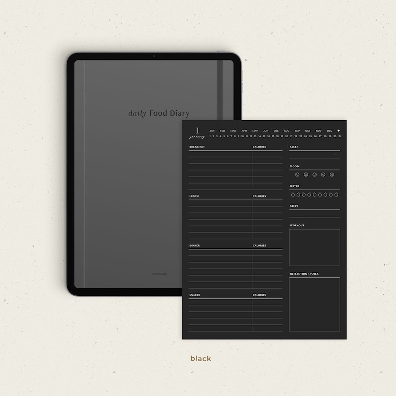 K&ouml;nnte beinhalten: Schwarz-wei&szlig;es, druckbares t&auml;gliches Ern&auml;hrungstagebuch mit einem Kalender, Abschnitten f&uuml;r Mahlzeiten, Kalorien, Schlaf, Stimmung, Wasser, Schritte, Training und Reflexionsnotizen.