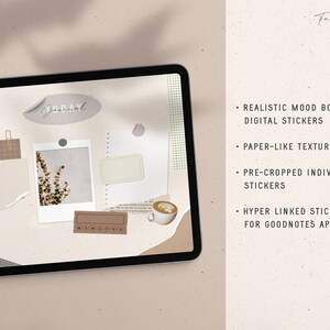 May include: A digital mood board with a variety of stickers, including a photo, a note, a grid, and a text box. The stickers have a paper-like texture and are pre-cropped for easy use. The mood board is designed for the Goodnotes app.