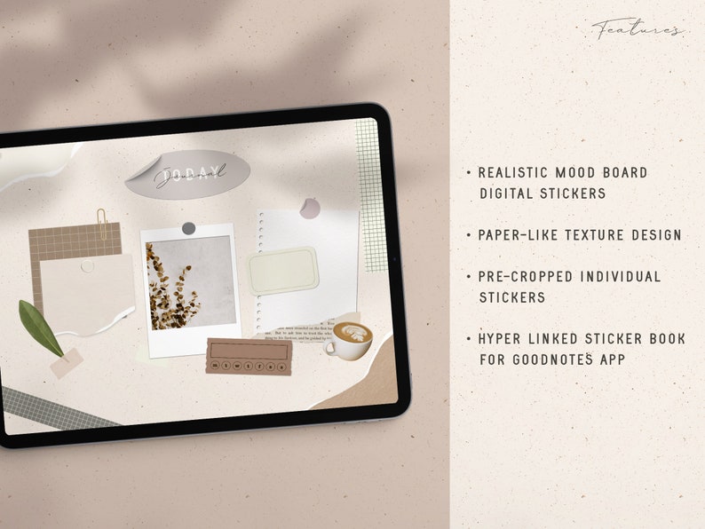 May include: A digital mood board with a variety of stickers, including a photo, a note, a grid, and a text box. The stickers have a paper-like texture and are pre-cropped for easy use. The mood board is designed for the Goodnotes app.