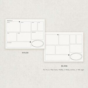 May include: A black and white printable vision board template with two layouts. The first layout is titled "Vision Board" and has categories for health, wealth, love, travel, family, career, knowledge, and relationships. The second layout is titled "BLANK" and has nine blank boxes. The text "Use it as a Mems board, Monthly or Weekly overview, or Note page!" is at the bottom of the image.