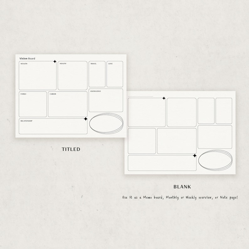 May include: A black and white printable vision board template with two layouts. The first layout is titled "Vision Board" and has categories for health, wealth, love, travel, family, career, knowledge, and relationships. The second layout is titled "BLANK" and has nine blank boxes. The text "Use it as a Mems board, Monthly or Weekly overview, or Note page!" is at the bottom of the image.