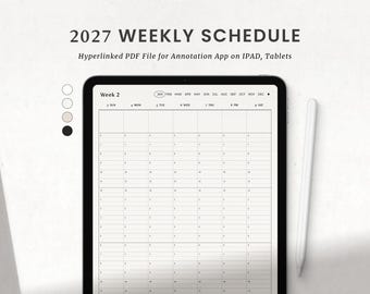 Könnte beinhalten: Ein digitaler Wochenplaner für 2027 auf einem Tablet-Bildschirm mit einem weißen Eingabestift. Die Benutzeroberfläche zeigt ein Raster für die Wochentage, Monats-Navigationstabs und den Text 2027 WEEKLY SCHEDULE Hyperlinked PDF File for Annotation App on IPAD, Tablets.