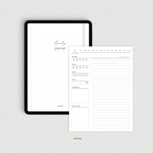 May include: A black and white daily journal template with a calendar, weather, mood, water, sleep, affirmation, and gratitude sections. The template is designed for use with a digital planner.