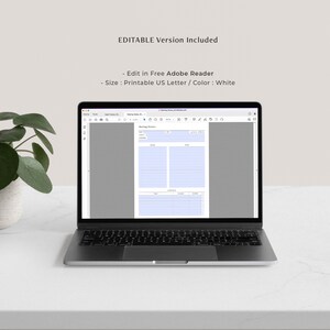 May include: A laptop computer displaying a PDF document titled "Meeting Minutes" with a grey background. The document is editable in Adobe Reader and is printable on US Letter size paper. The text "EDITABLE Version Included" is displayed above the laptop.