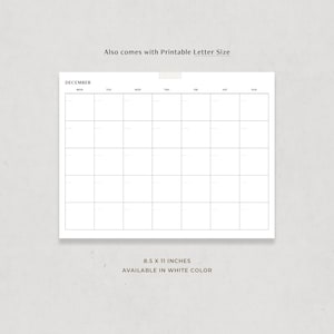 May include: Printable December calendar in black and white with a grid layout. The calendar is 8.5 x 11 inches and available in white color.