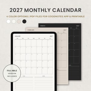 Könnte beinhalten: Ein monatlicher Kalender für 2027 als digitaler Planer mit Rasterlayout für Januar, Februar und März. Das Design enthält ausfüllbare Bereiche für Aufgabenlisten und Notizen, erhältlich in vier Farboptionen für die GoodNotes-App oder zum Ausdrucken.