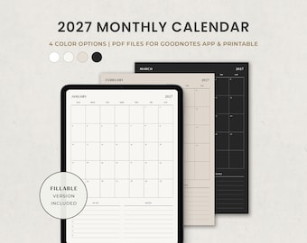 Könnte beinhalten: Ein monatlicher Kalender für 2027 als digitaler Planer mit Rasterlayout für Januar, Februar und März. Das Design enthält ausfüllbare Bereiche für Aufgabenlisten und Notizen, erhältlich in vier Farboptionen für die GoodNotes-App oder zum Ausdrucken.