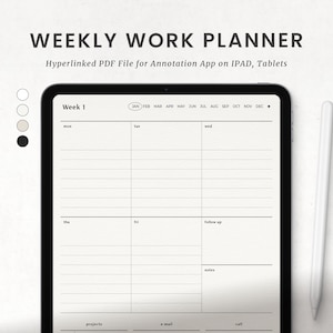 Puede incluir: Un planificador de trabajo semanal en la pantalla de una tableta. El planificador está dividido en días de la semana, con espacio para notas, proyectos, correos electrónicos y llamadas. El planificador está hipervinculado para su uso con aplicaciones de anotación en tabletas.