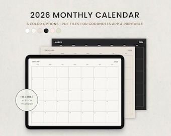 Monthly Calendar Digital, 2026 Goodnotes Monthly Planner, Monthly Template Printable Fillable PDF