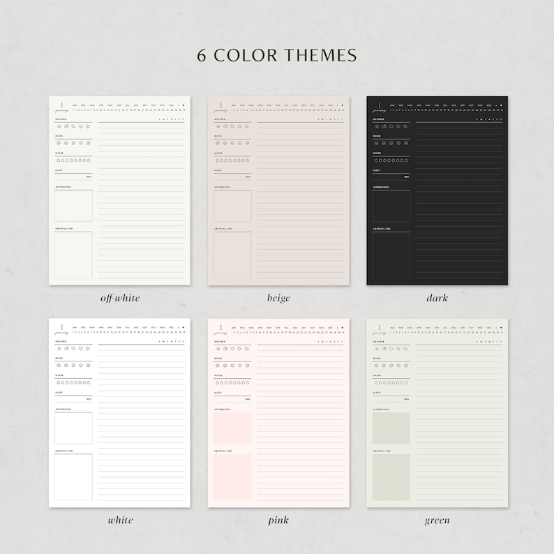 May include: Six different color themes for a printable daily planner. The planner includes sections for goals, notes, and to-dos. The color themes are off-white, beige, dark, white, pink, and green.