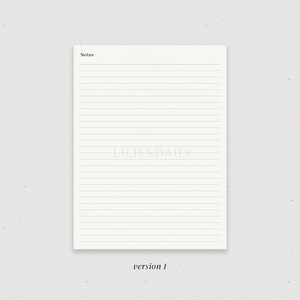 May include: A blank lined sheet of paper with the word "Notes" at the top and the text "LILIESDAILY" in the center. The text "version 1" is at the bottom of the page.