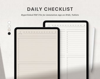 May include: Two digital tablets displaying a daily checklist template with a calendar overview and a list of checkboxes. The tablets are on a white surface with a white stylus pen.