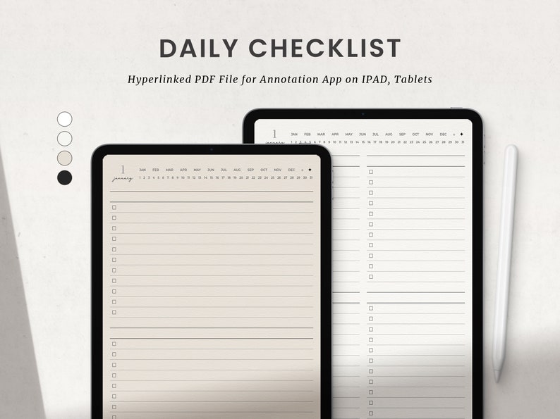 May include: Two digital tablets displaying a daily checklist template with a calendar overview and a list of checkboxes. The tablets are on a white surface with a white stylus pen.