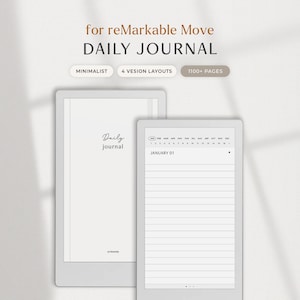 May include: A digital daily journal for reMarkable Move, featuring a minimalist design. The image shows two tablets, one displaying a blank page with the words "Daily journal," and the other showing a lined page with the date "January 01." The journal includes 1100+ pages.