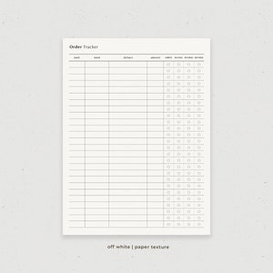 May include: A printable order tracker with columns for date, shop, details, amount, shipped, received, returned, and refunded. The tracker has a white background with black text and lines.