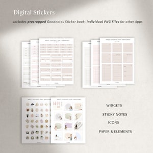 May include: A set of digital stickers for Goodnotes, featuring widgets, sticky notes, icons, and paper elements. The stickers are in a minimalist style with a neutral color palette.