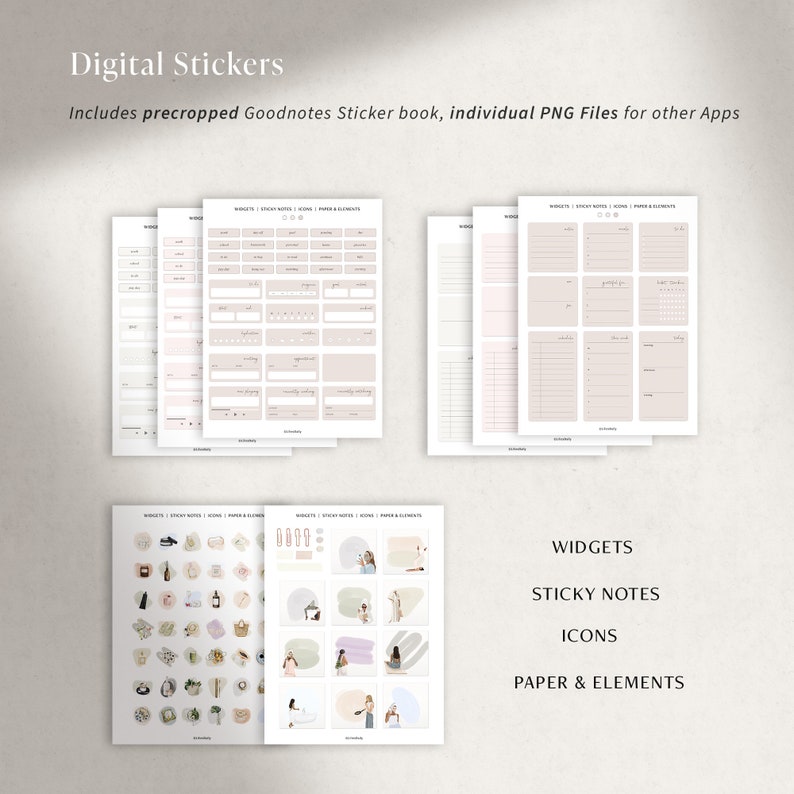 May include: A set of digital stickers for Goodnotes, featuring widgets, sticky notes, icons, and paper elements. The stickers are in a minimalist style with a neutral color palette.