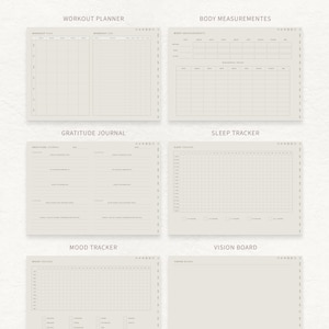 May include: A printable wellness journal with sections for workout planning, body measurements, gratitude journaling, sleep tracking, mood tracking, and a vision board.