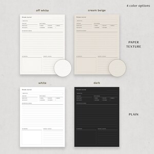 May include: Four different color options for a dream journal template. The journal has sections for dream title, date, time, type of dream, mood, dream quality, description of dream, my emotions, and insights learned. The template is available in off white, cream beige, white, and dark.
