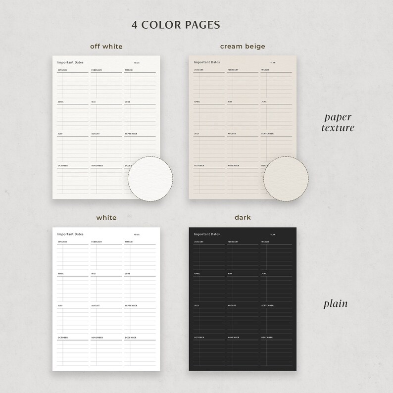 May include: Four printable calendar pages in different colors: off-white, cream beige, white, and black. The pages feature a simple grid layout with months and dates labeled. The top two pages have a subtle paper texture, while the bottom two pages are plain.