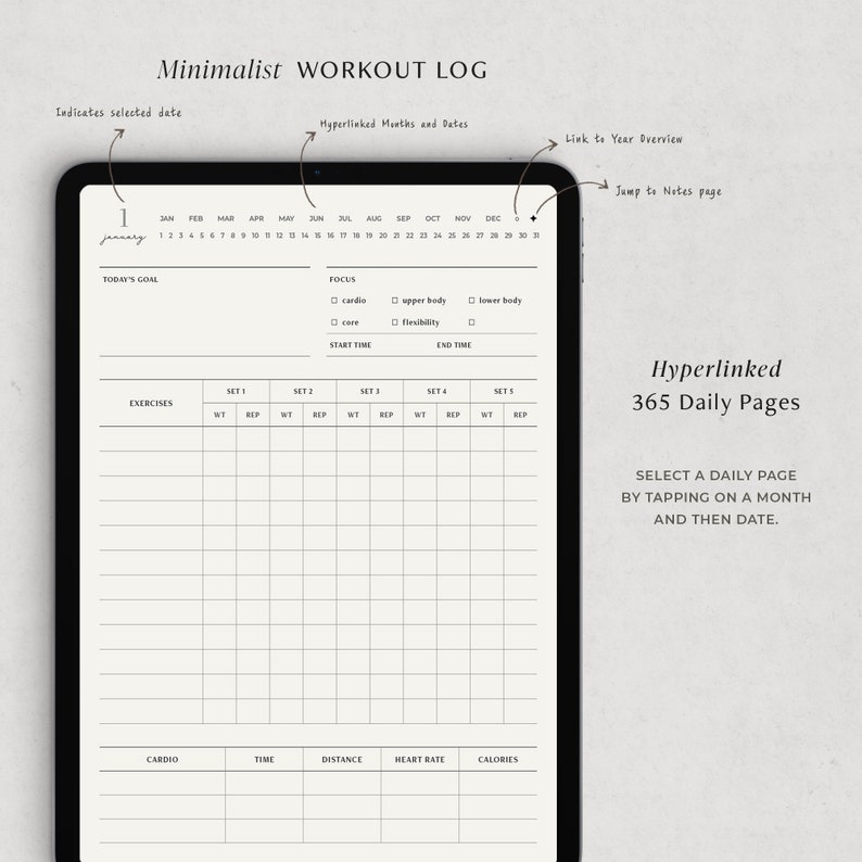 May include: A digital planner template for tracking workouts. The template includes a calendar, a section for daily goals, and a workout log with space to record exercises, sets, reps, weight, and cardio information. The template is designed to be used on a tablet or smartphone.
