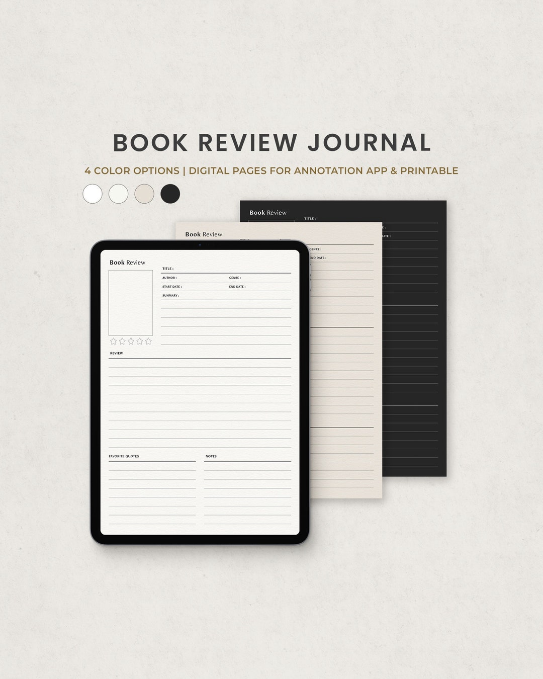 Book Review Journal, Reading Digital Planner Template for Goodnotes on  Ipad, Printable Letter PDF, Beige Dark Minimal Pages 
